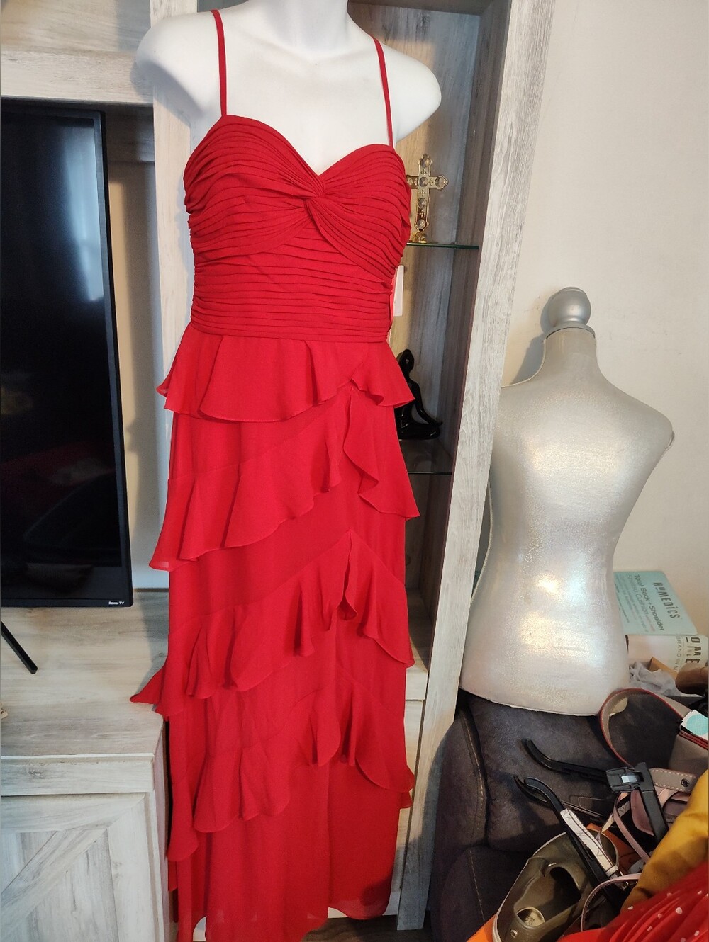 Aqua Red Ruffled Maxi Dress with Spaghetti Straps SZ 4 New With Tags